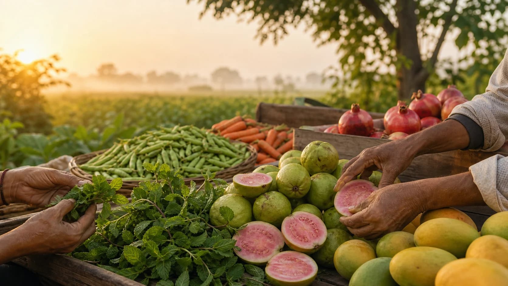 Fresh produce being gathered at a Gujarat farm