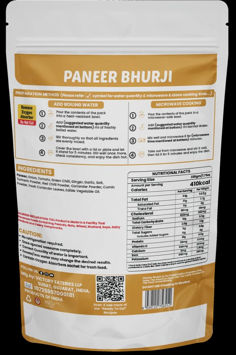 Paneer Bhurji — back of pack