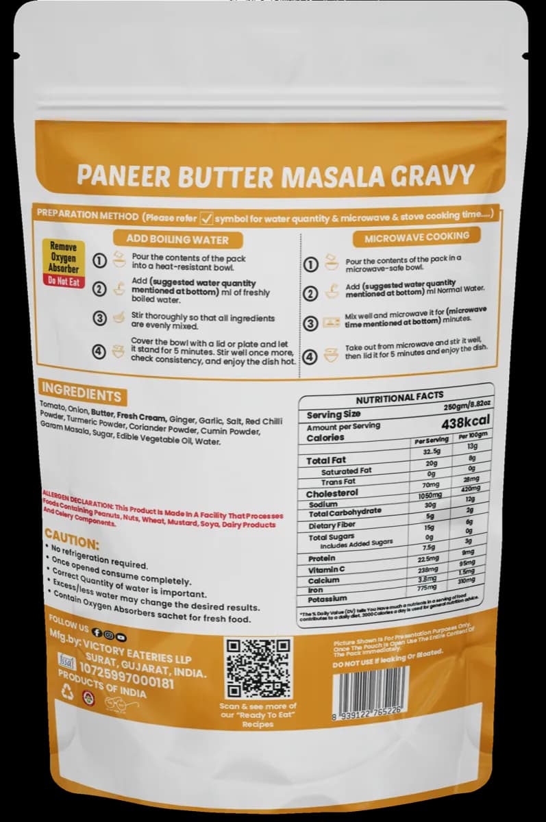 Paneer Butter Masala Gravy (Without Paneer) — back of pack