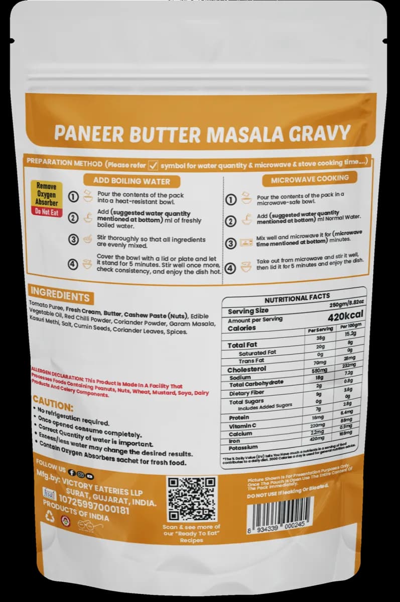 Paneer Butter Masala Gravy (Without Paneer) (Jain) — back of pack