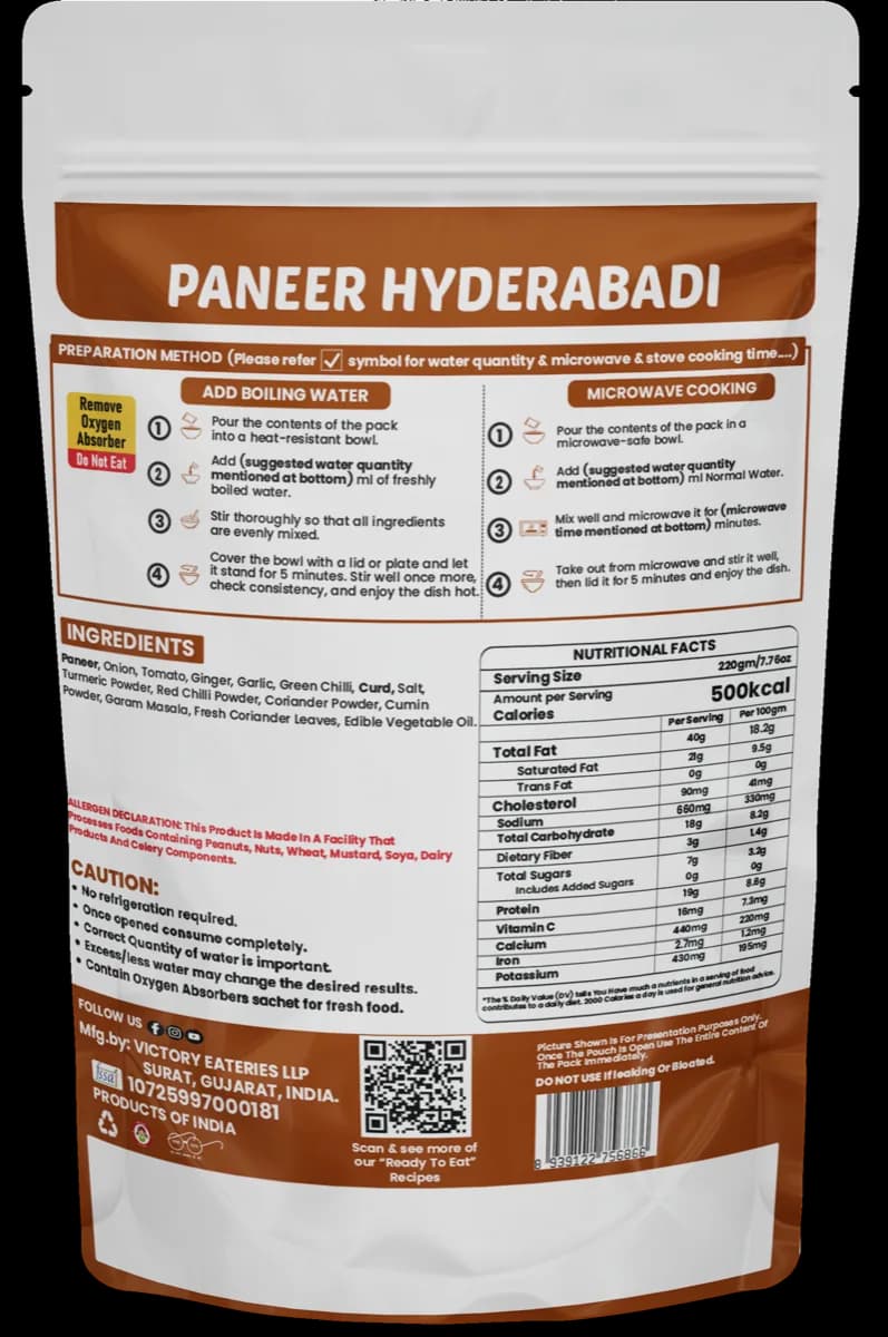 Paneer Hyderabadi — back of pack