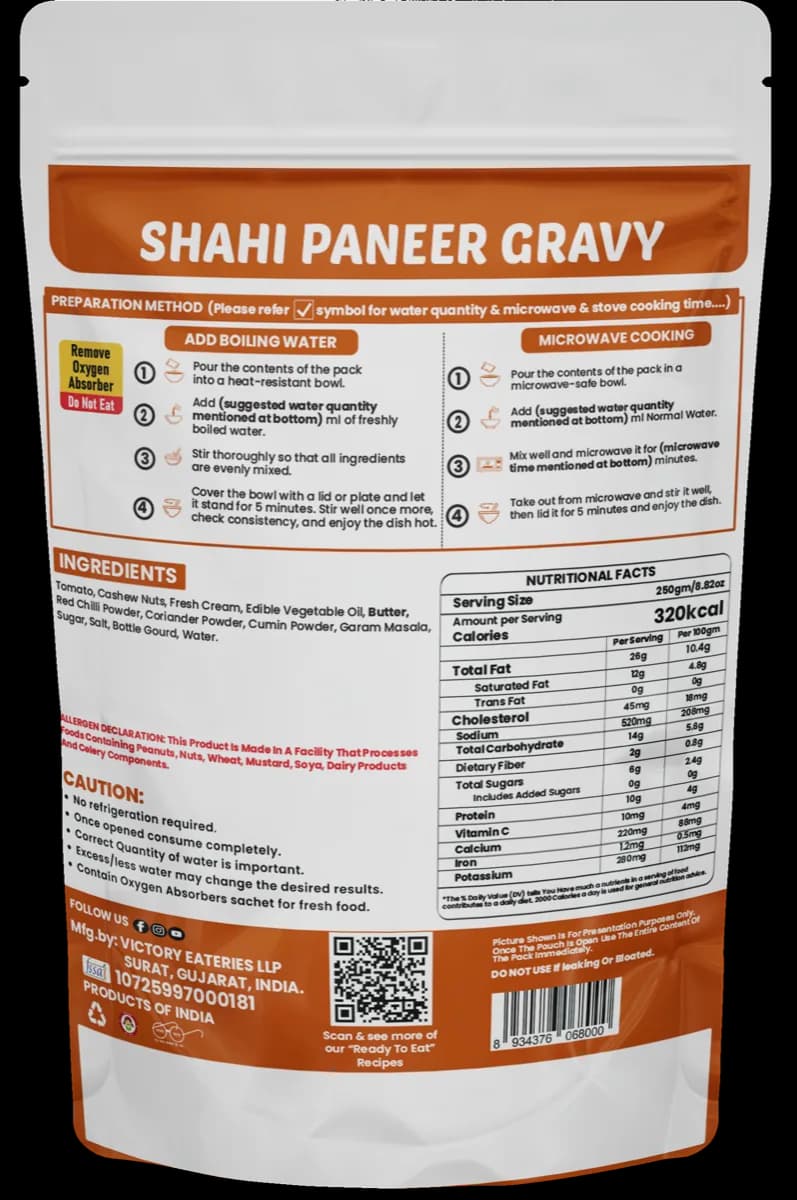 Shahi Paneer Gravy (Without Paneer) (Jain) — back of pack