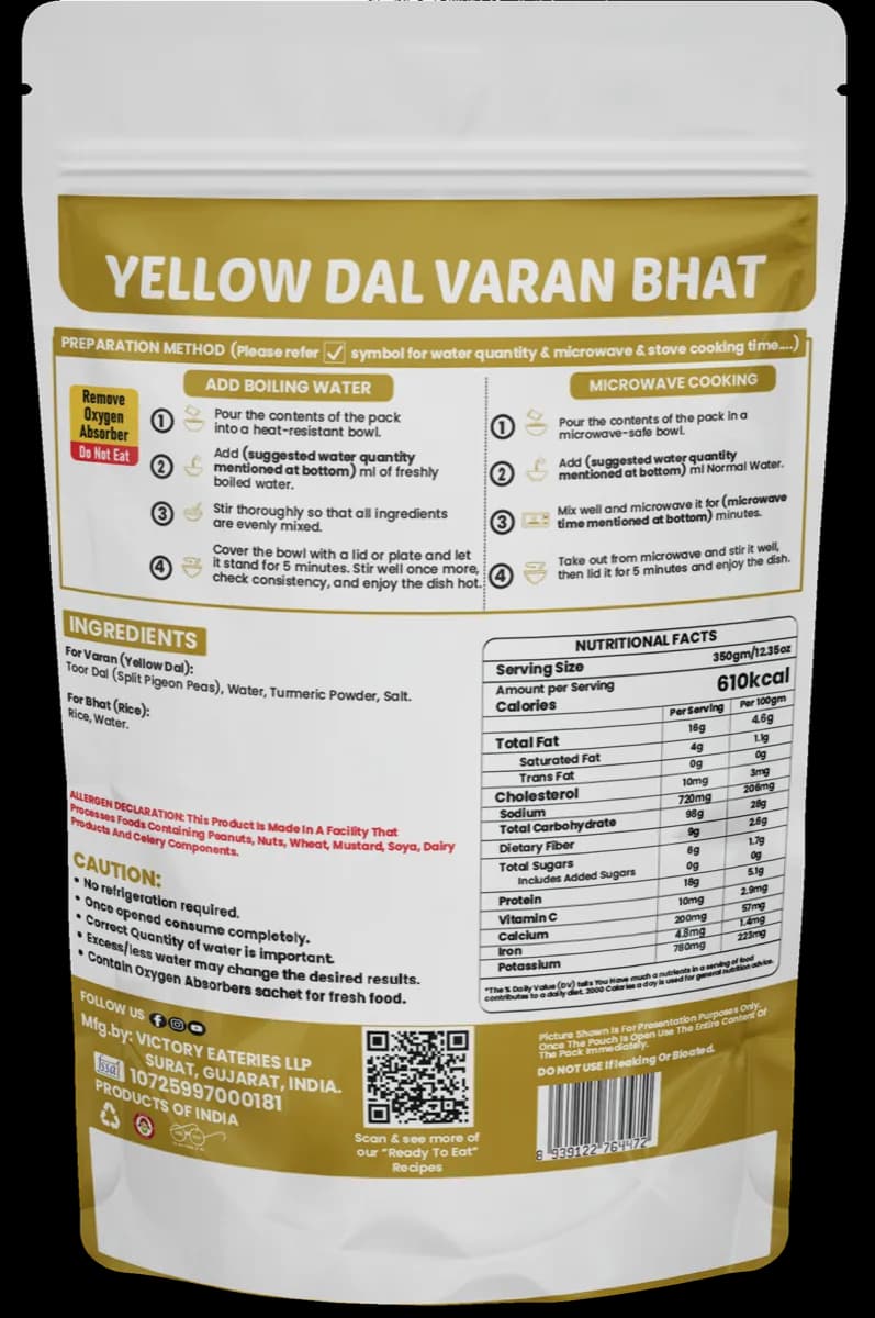 Yellow Dal Varan Bhat — back of pack